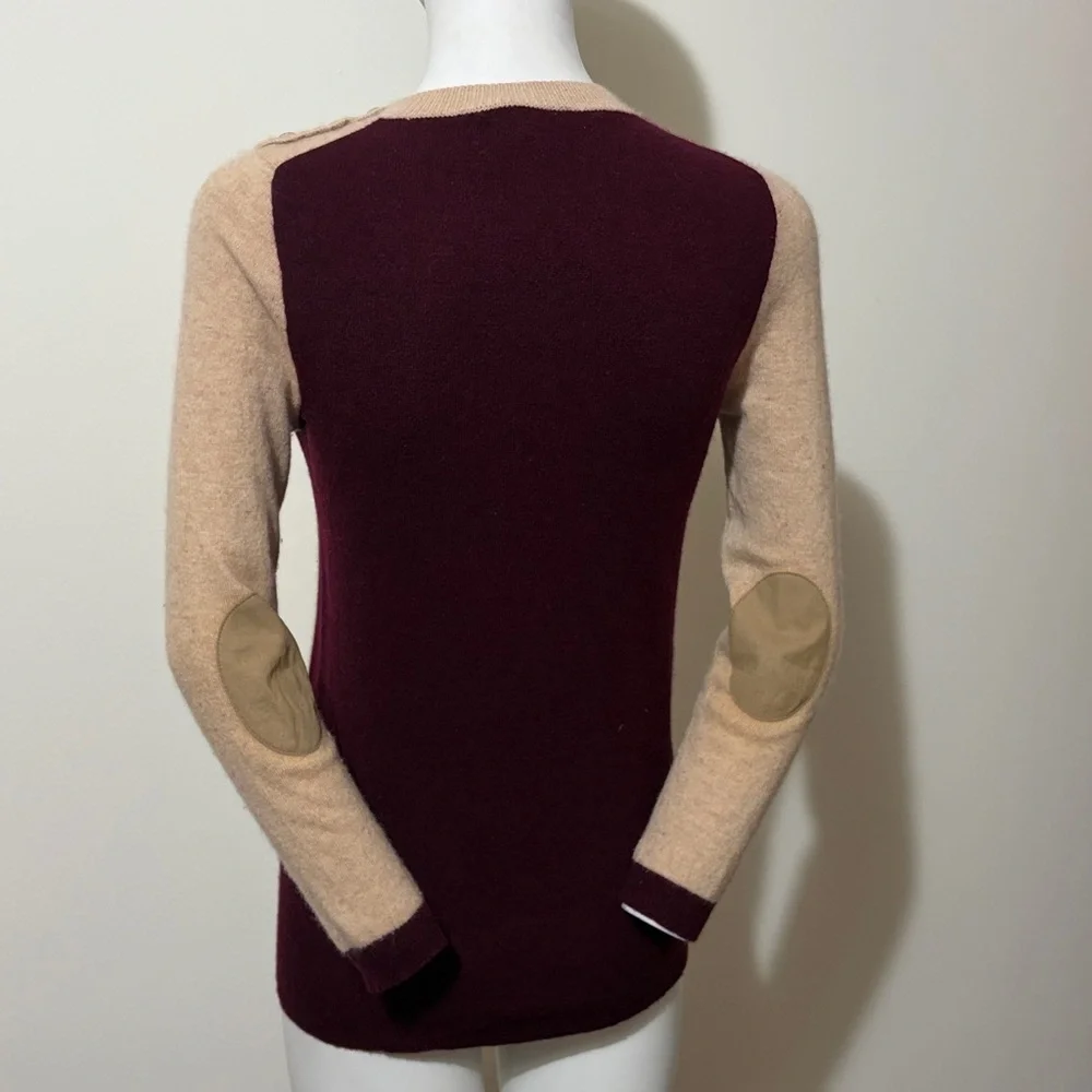 J. Crew Tan and Burgundy Elbow Patch Cashmere Wool Sweater Size S